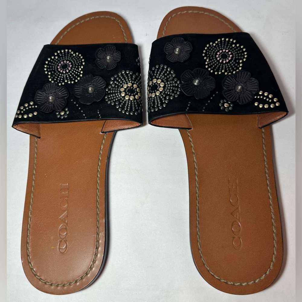Coach Tea Rose Floral Rivet Stud Black Suede Slide Sandal Shoe Size 8B